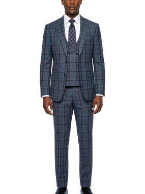 Steel Navy Plaid Peak Lapel 3 Piece Stacy Adams Men's Suit